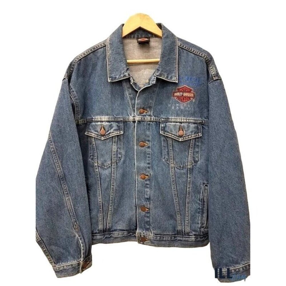 Harley-Davidson‎ Denim Jacket Mens Large Blue Excellent Honolulu Hawaii Tiki L